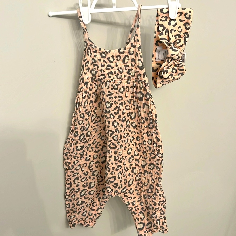 Angel Dear Toddler Girls Pink Leopard Jumpsuit and Matching Headband